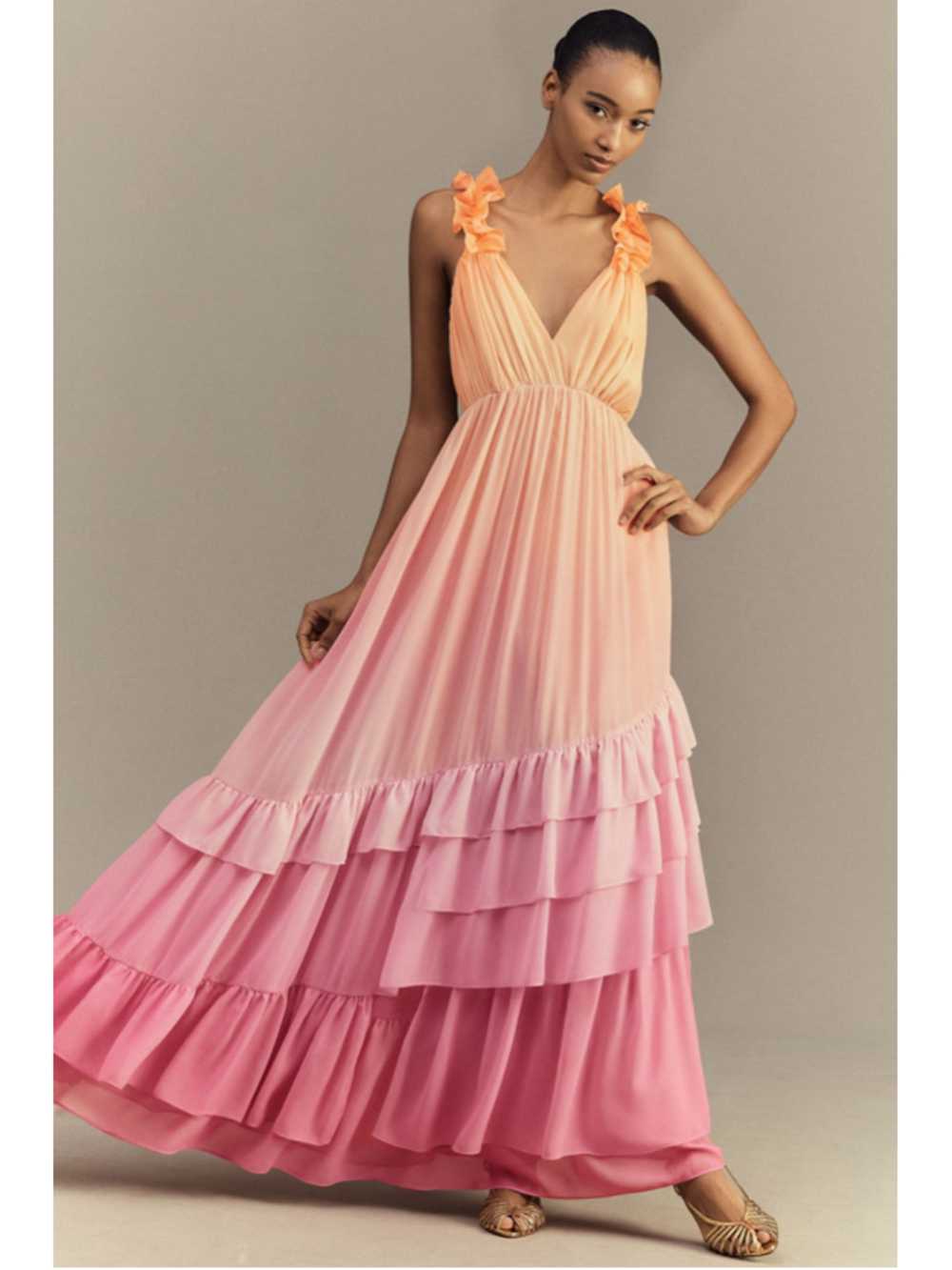BHLDN Ombre Ruffle Maxi Dress Size S Pink Orange